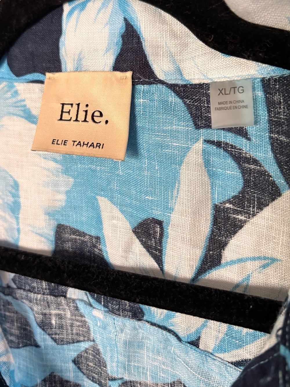 Elie Tahari Navy& Light Blue Floral Short-Sleeve Pullover Linen Camp Shirt XL - Picture 5 of 6